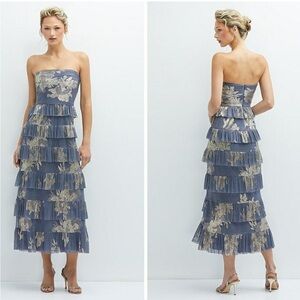 After Six Ruffle Tiered Metallic Pleated Strapless Floral Blue Gold  Midi Dress